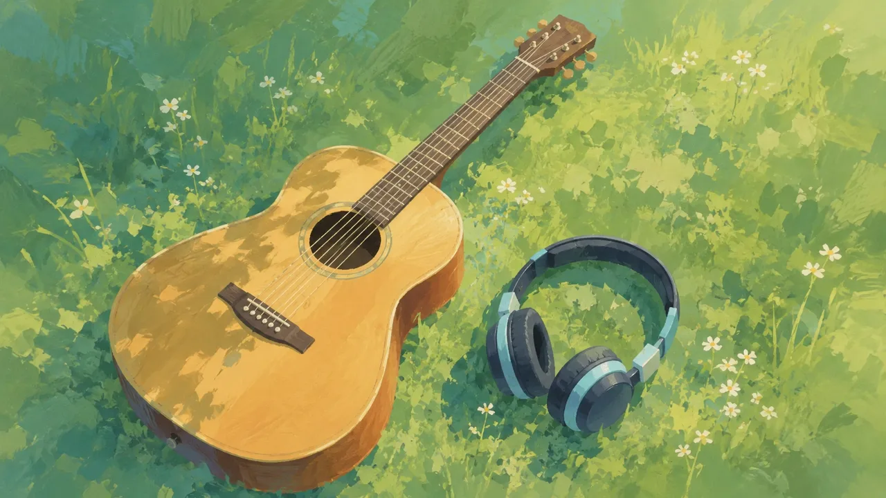 Painterly homepage-style scene representing the shared function of Airmusic and Mubert API — Edit tracks & stems, get consistent music with new engine.