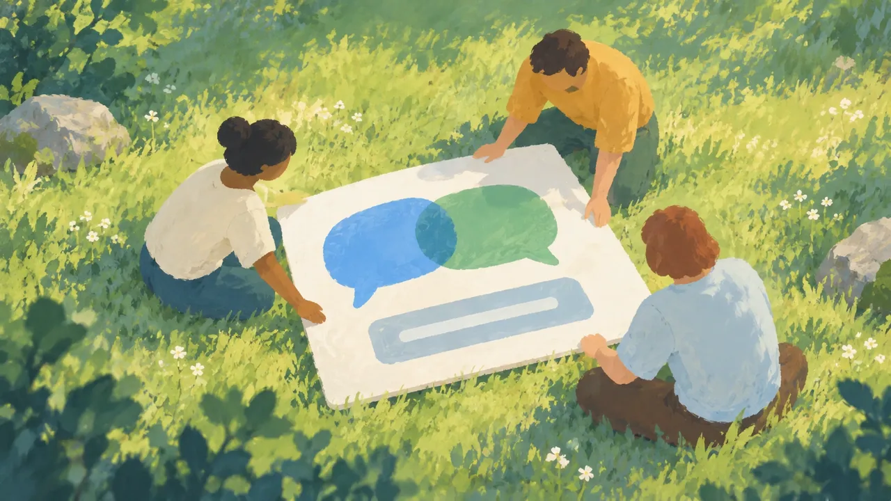 Painterly homepage-style scene representing the shared function of Langless and Talkniva.