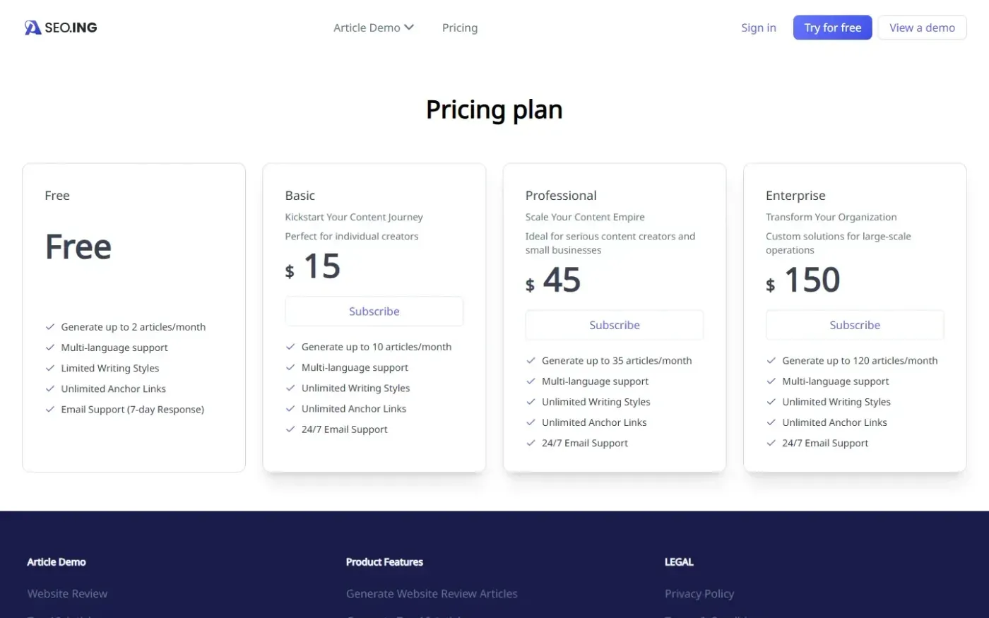 Seo — Pricing page