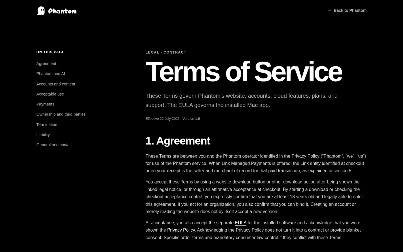 Phantom — Voice-first AI agent that operates your Mac — Terms.html page