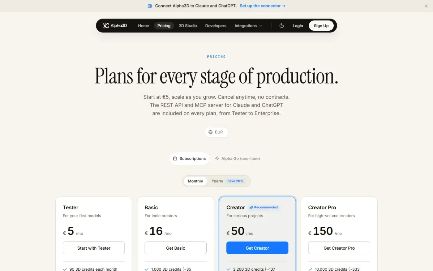 Alpha3d — Pricing page