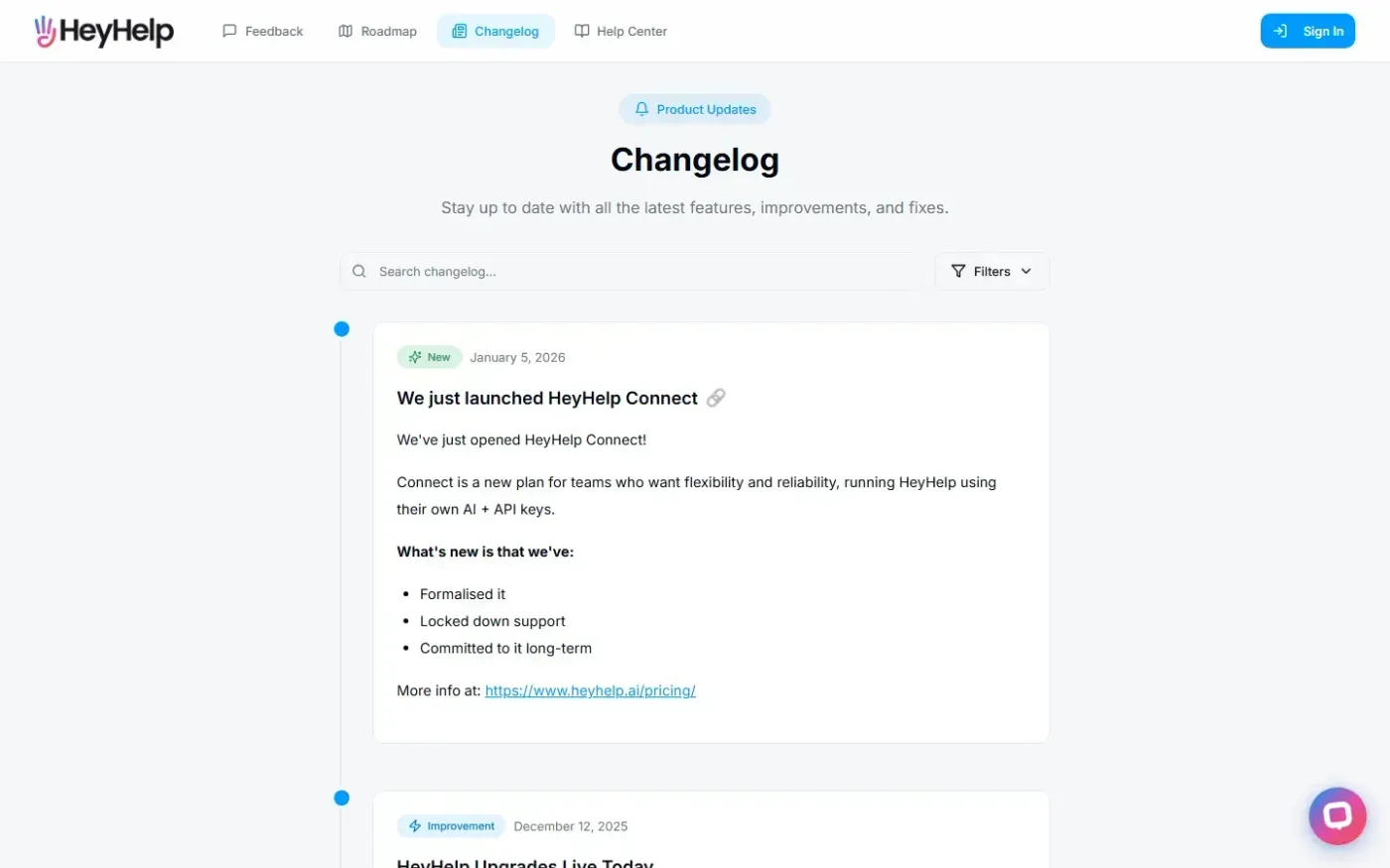 Heyhelp — Changelog page