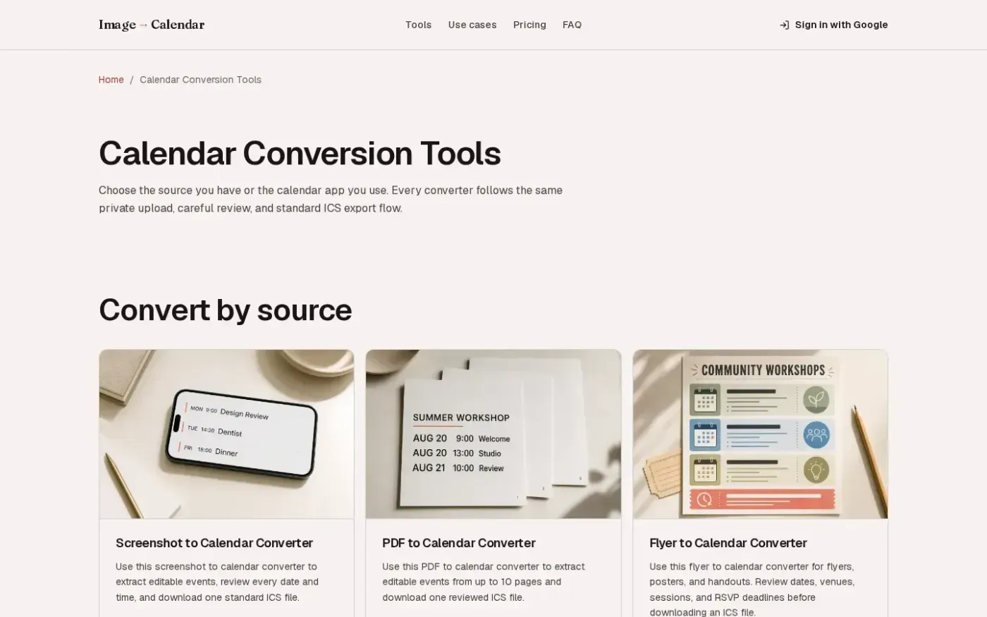 Imagetocalendar — Tools page