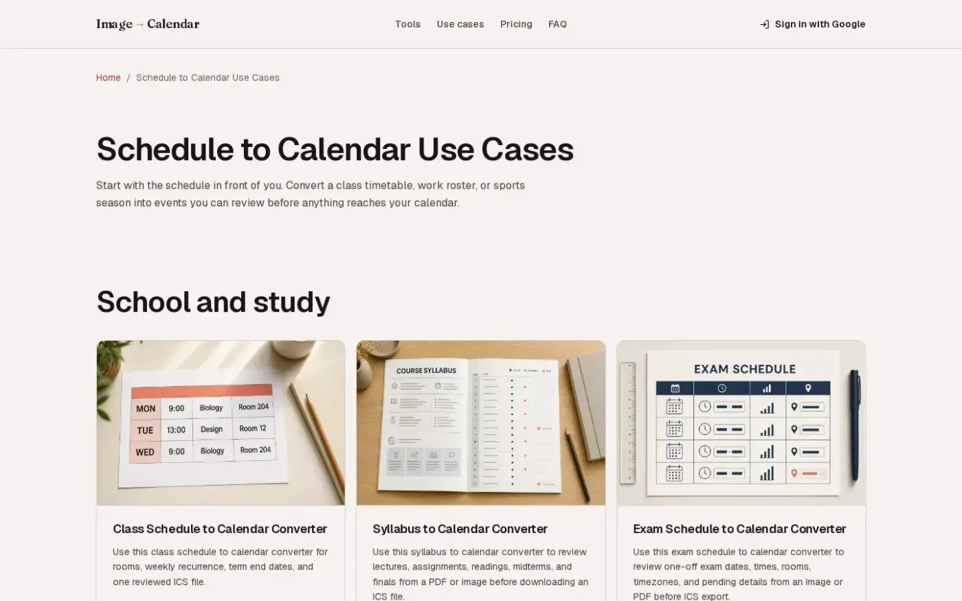Imagetocalendar — Use cases page