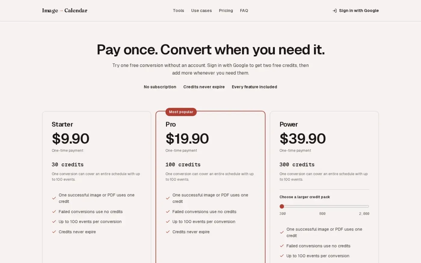 Imagetocalendar — Pricing page