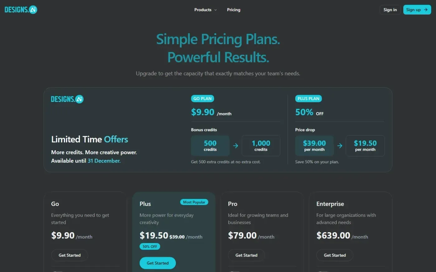 Designs — Pricing page