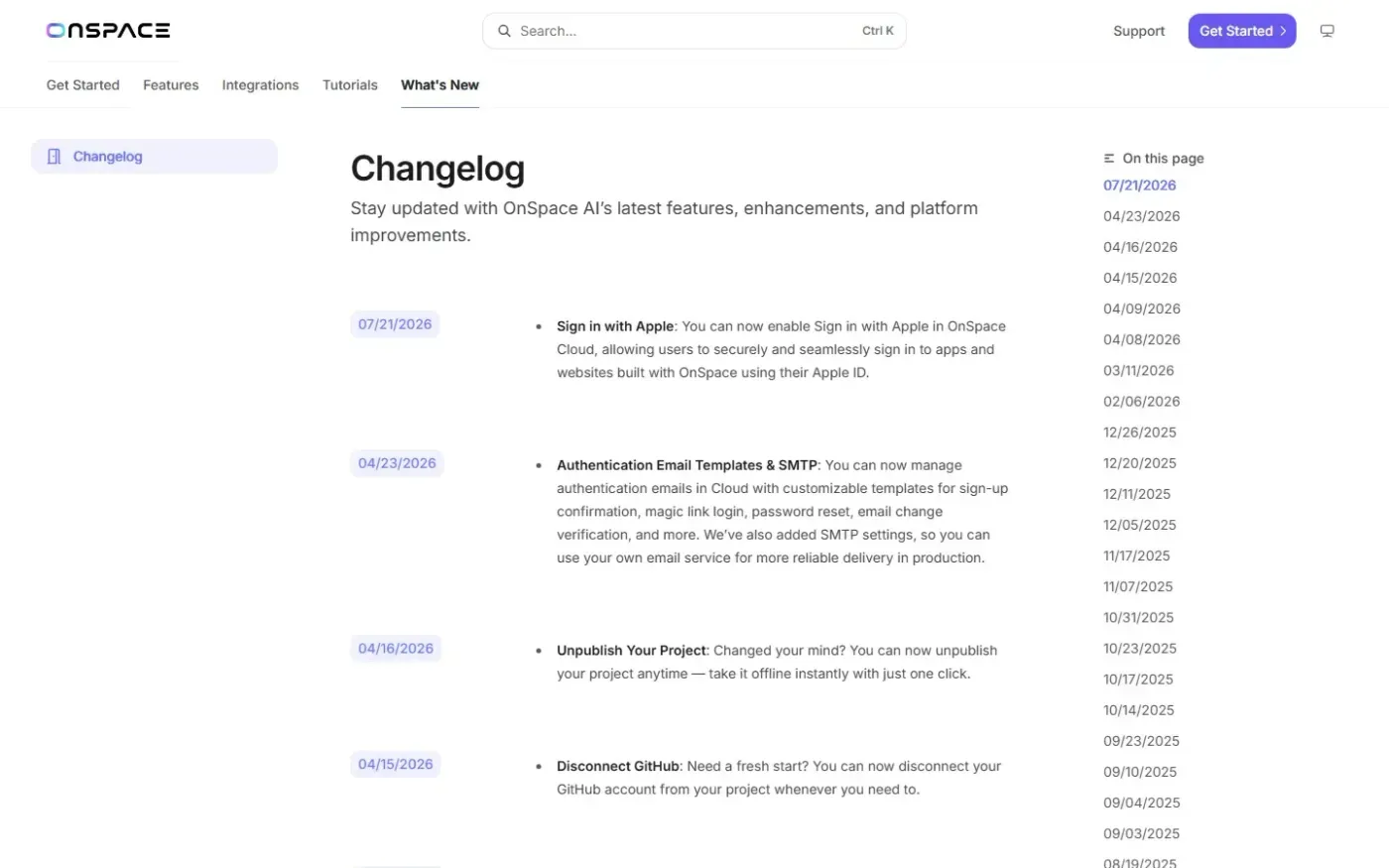 Onspace — Changelog page