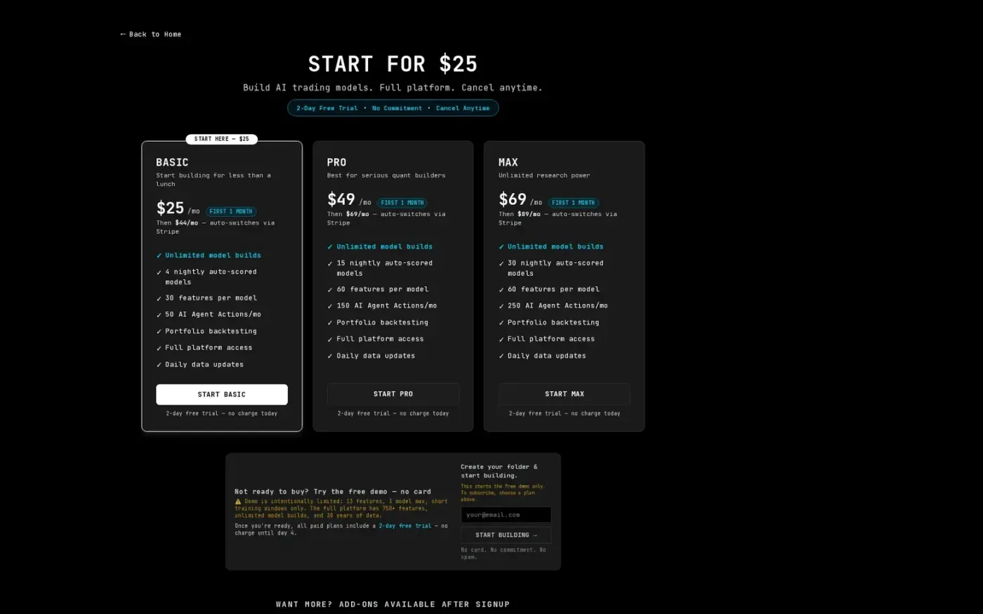 Quant-Builder.ai — Pricing page