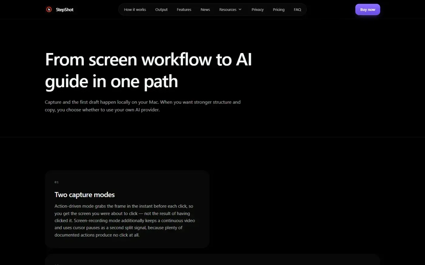 StepShot — AI that turns real workflows into step-by-step guides — Features page