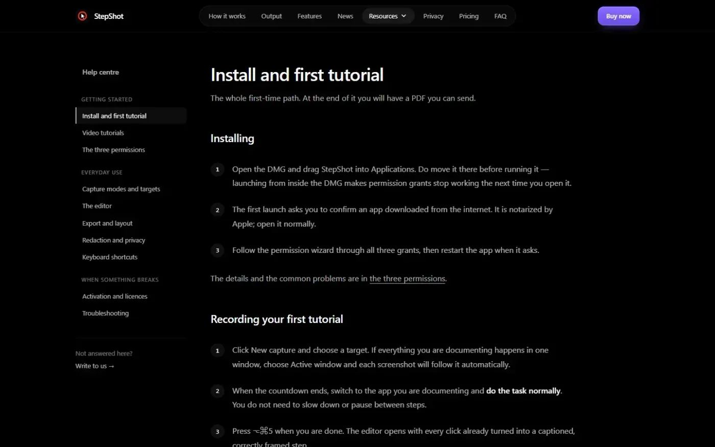 StepShot — AI that turns real workflows into step-by-step guides — Docs page