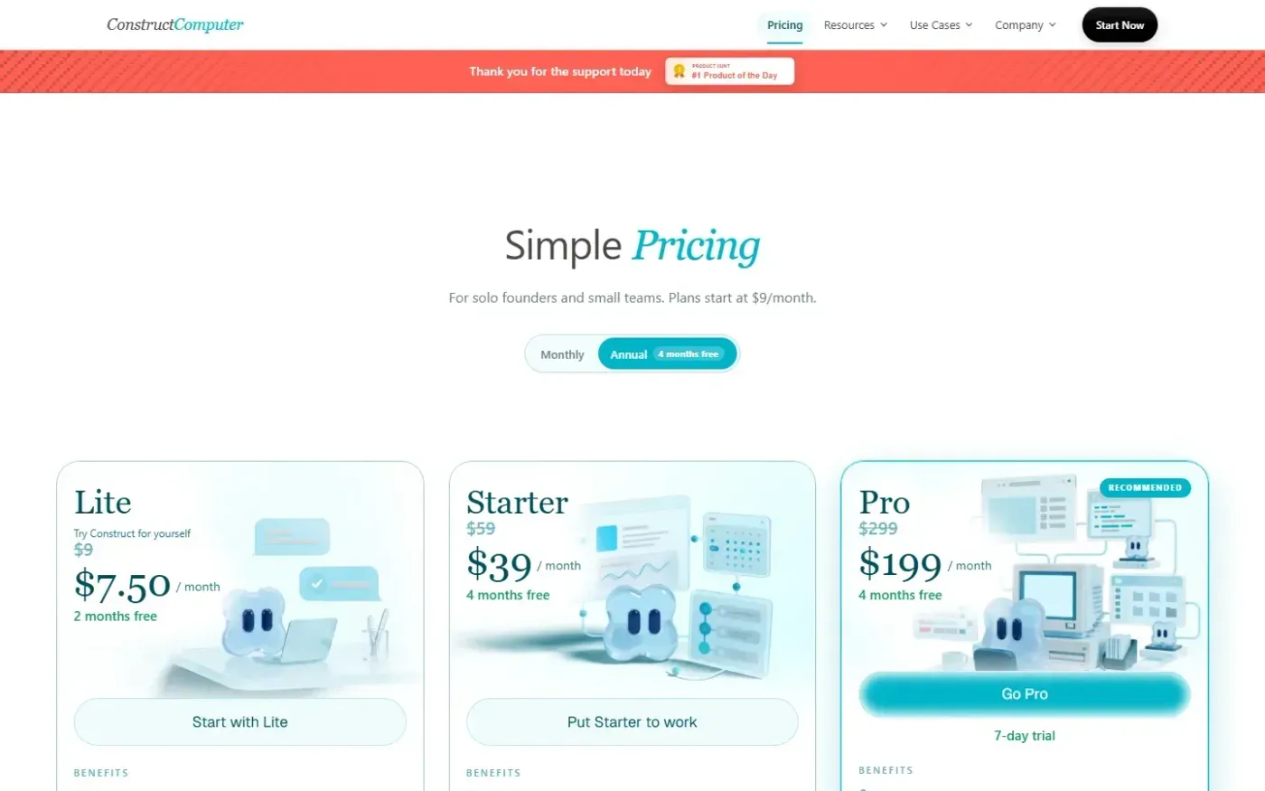 Construct Computer — Your AI coworker gets a computer. You get your day back. — Pricing page