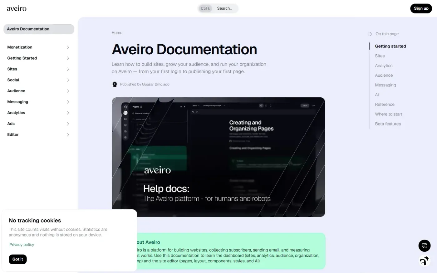 Aveiro — Publish sites, newsletters and social posts with AI agents — Home page