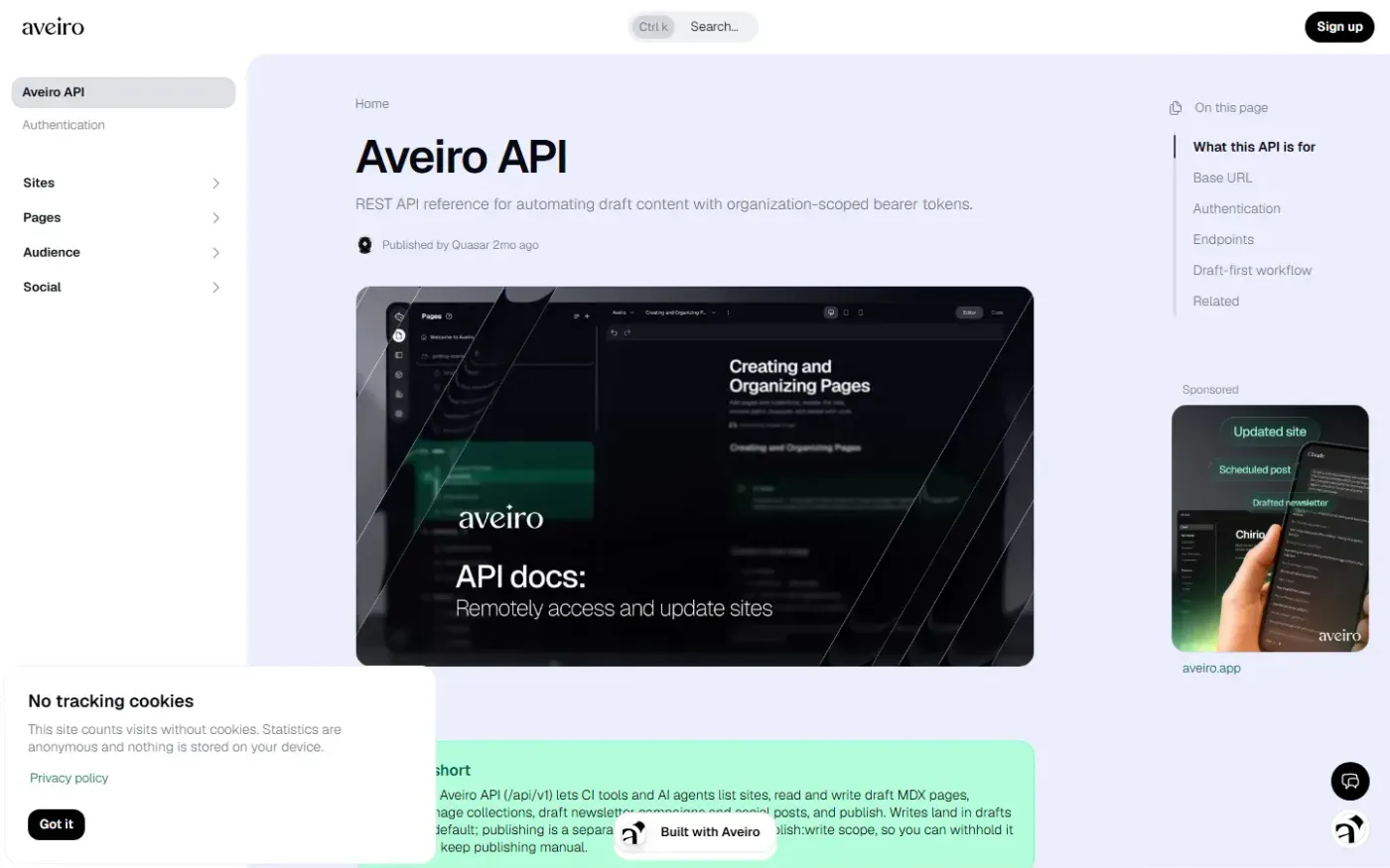 Aveiro — Publish sites, newsletters and social posts with AI agents — Home page
