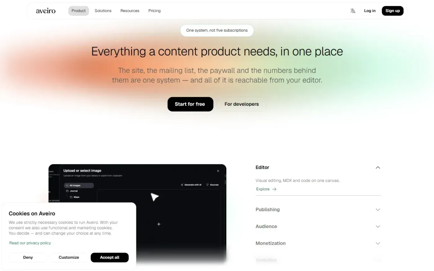 Aveiro — Publish sites, newsletters and social posts with AI agents — Platform page