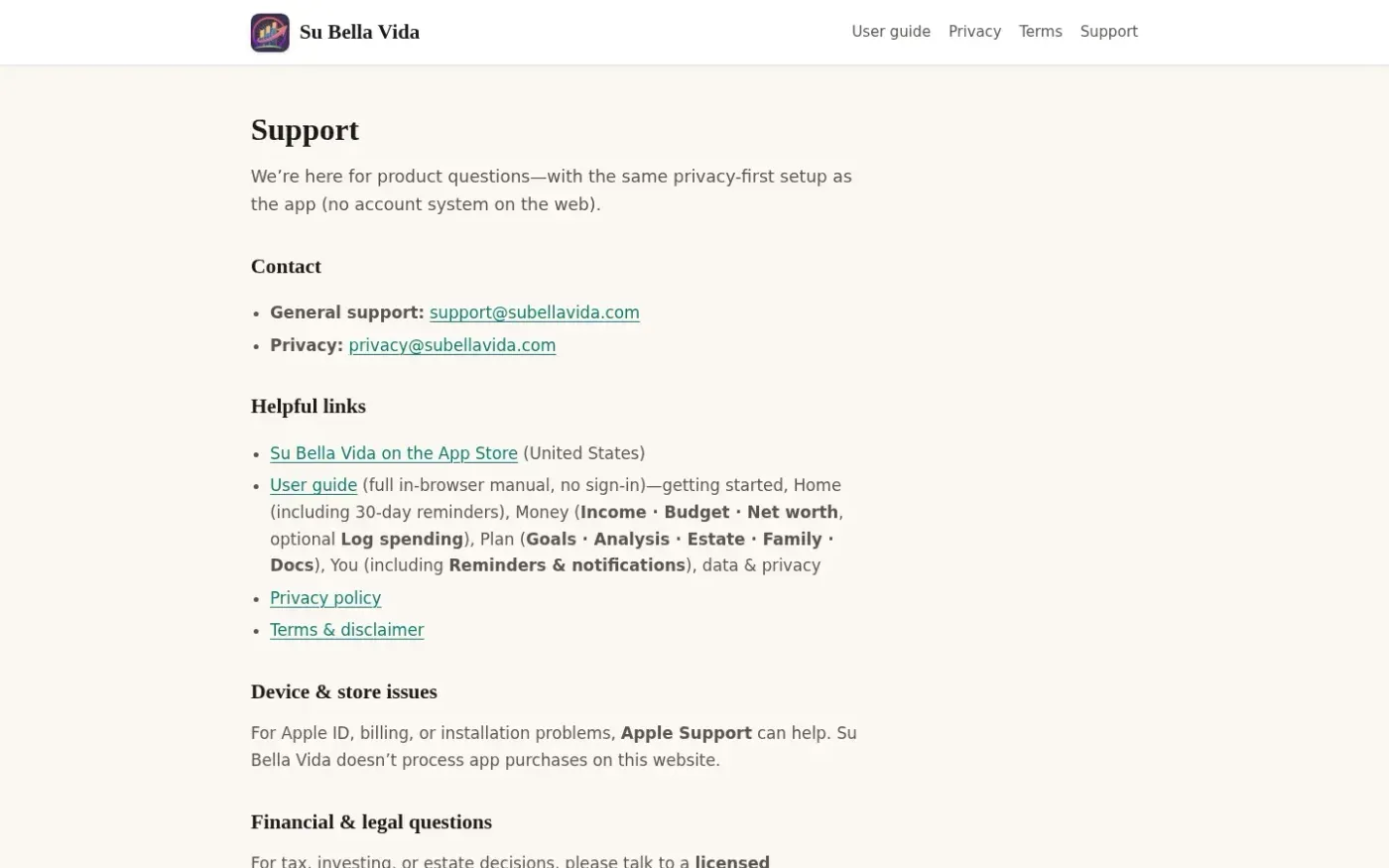 Subellavida — Support page