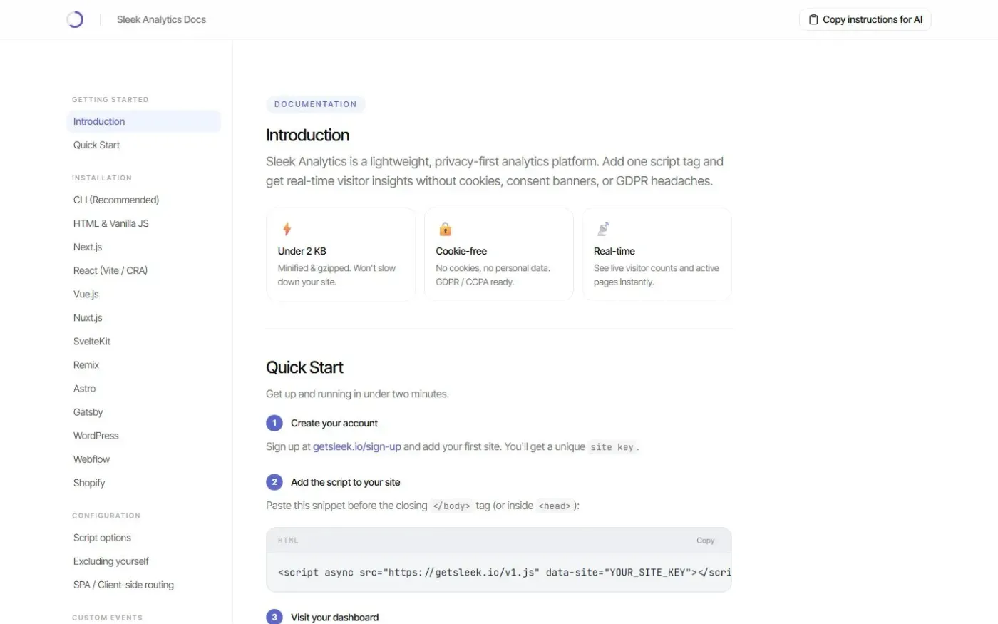 Getsleek — Docs page