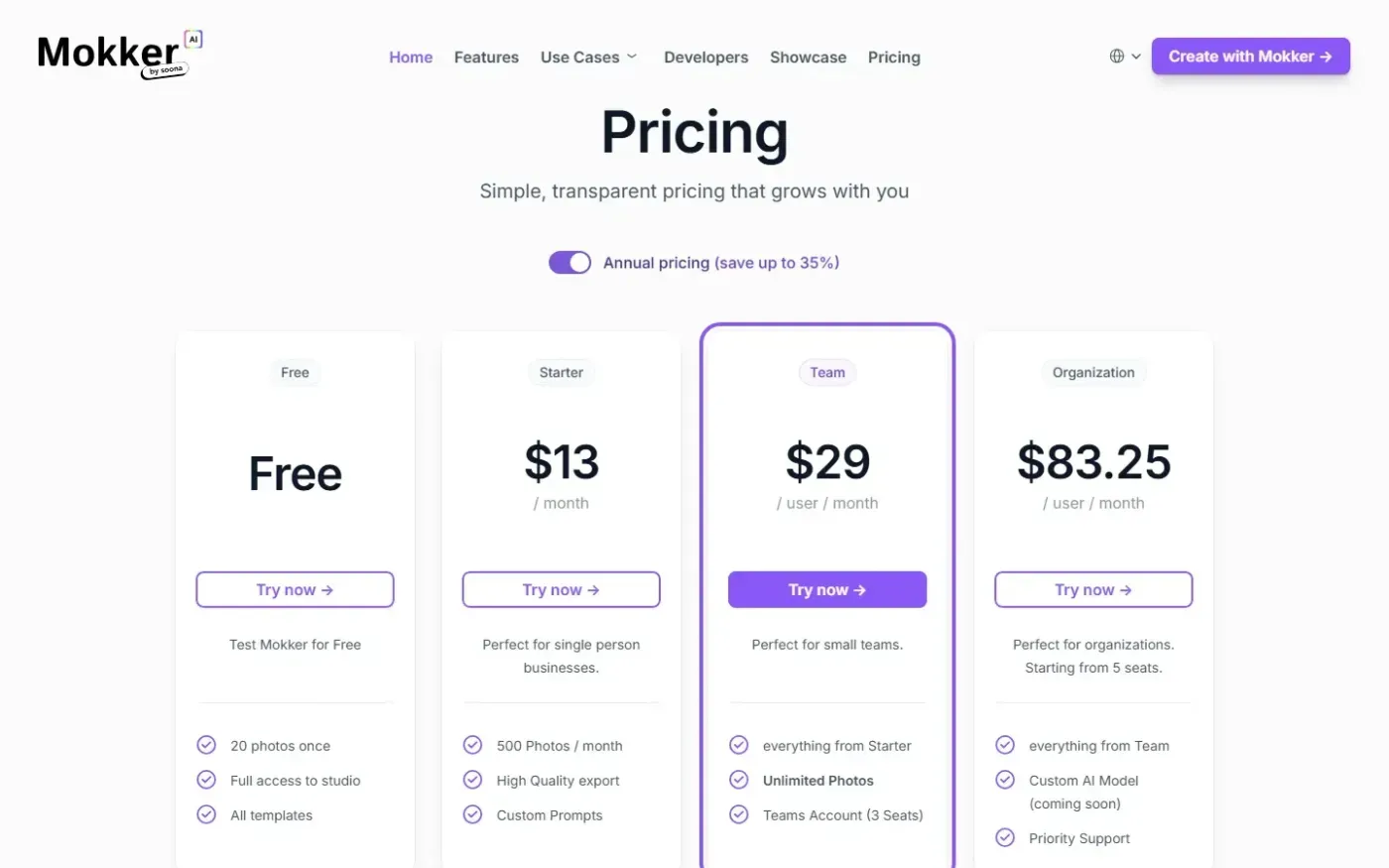 Mokker — Pricing page