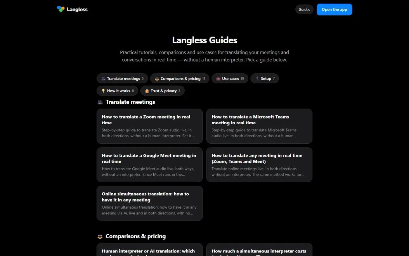 Langless — Guias page