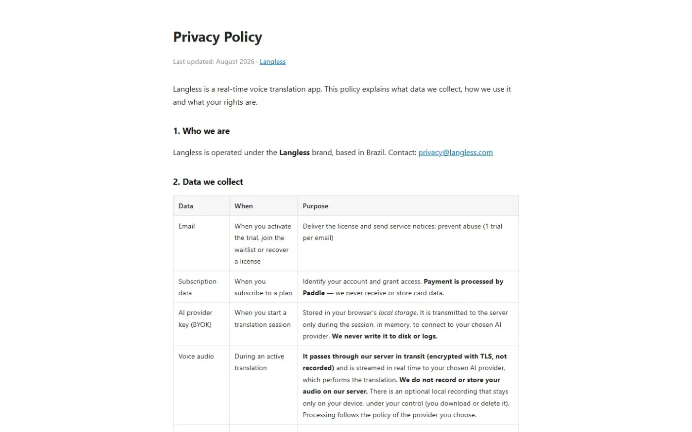 Langless — Privacy page