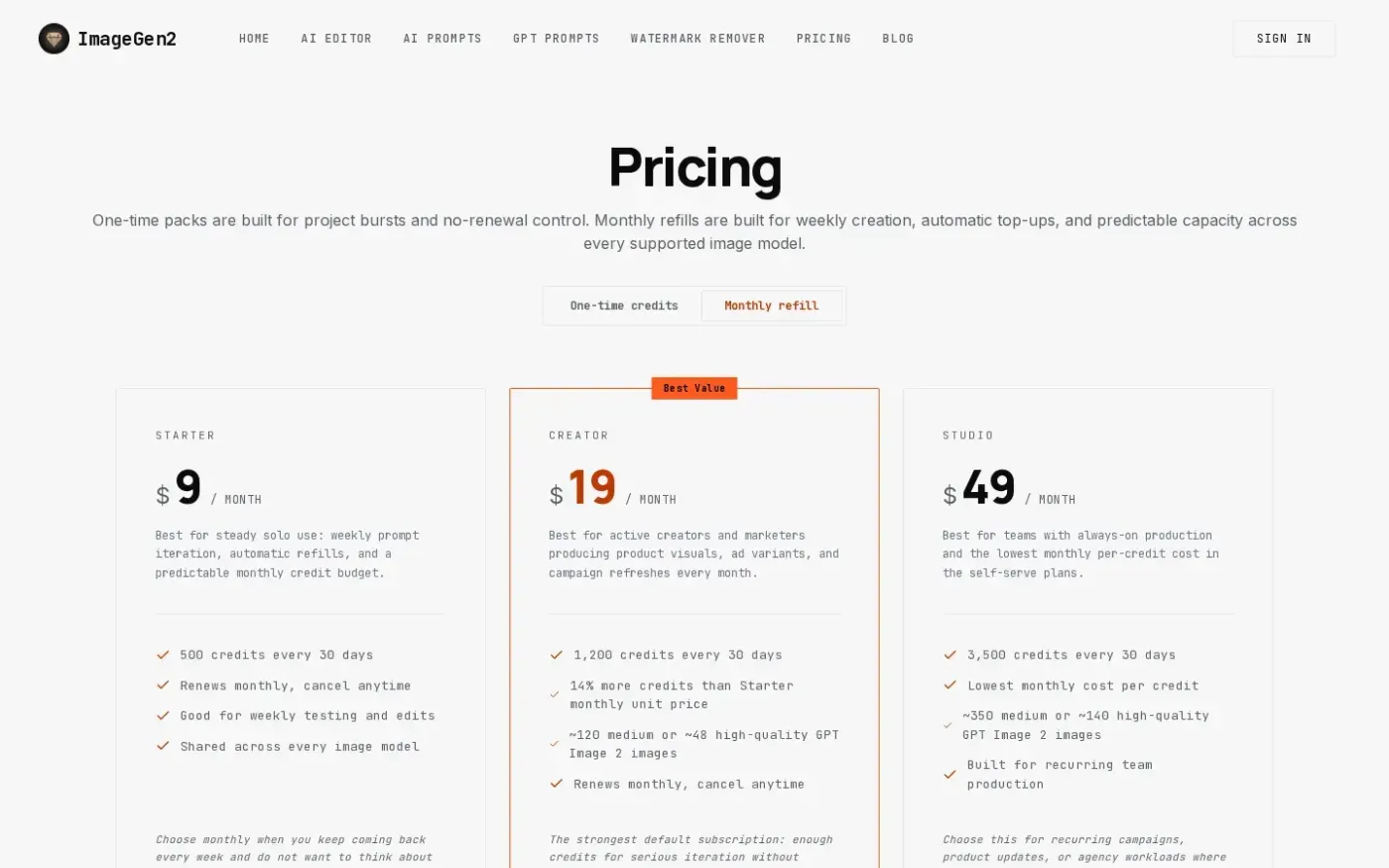 Imagegen2 — Pricing page