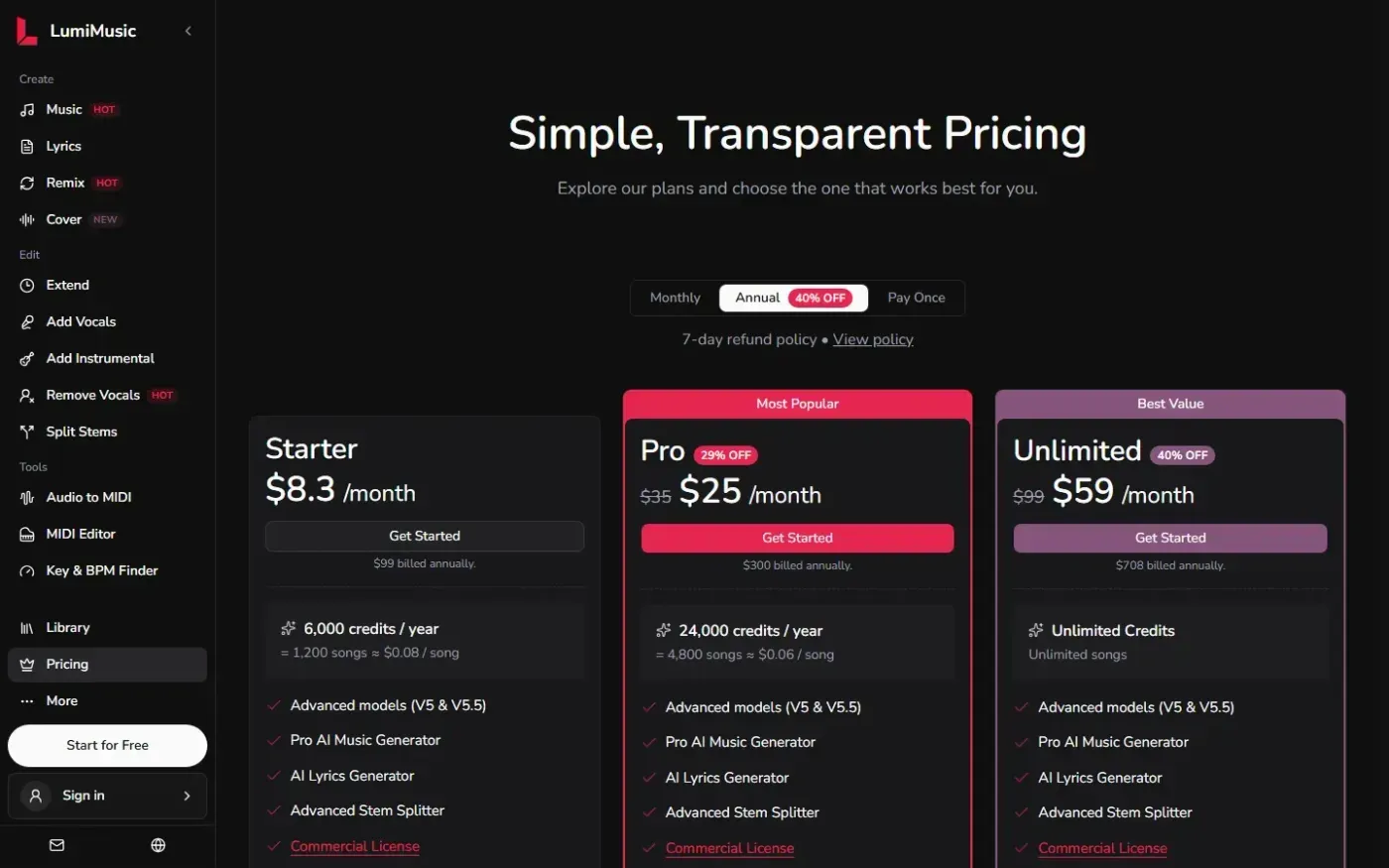 Lumimusic — Pricing page