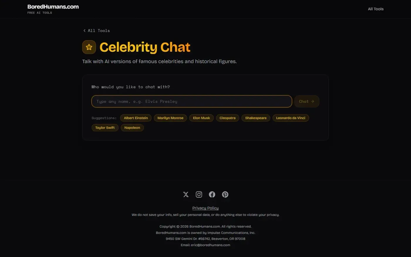 Boredhumans — Celebrity chat.php page