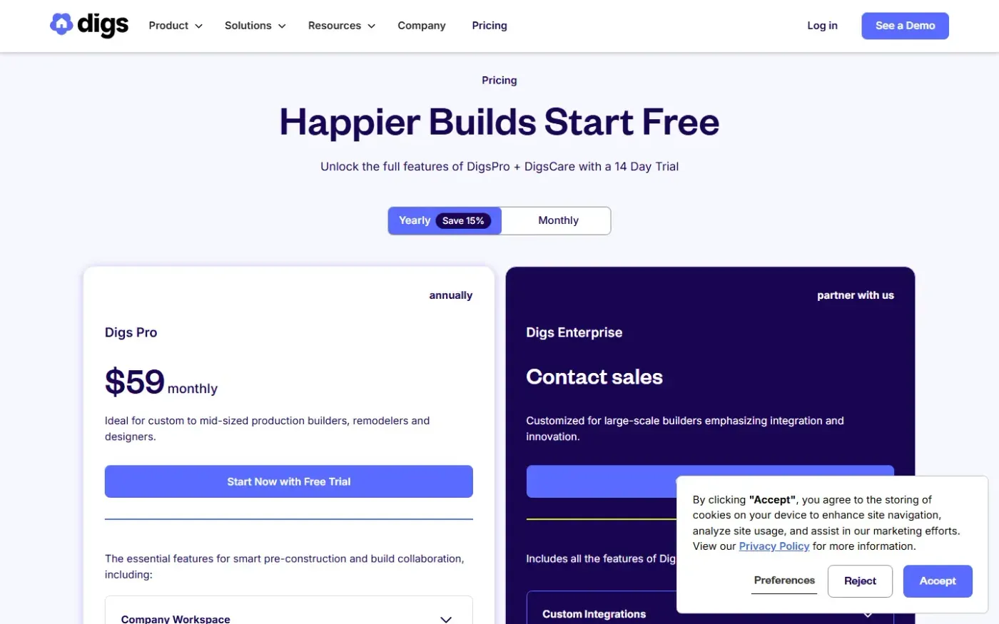 Digs — Pricing page