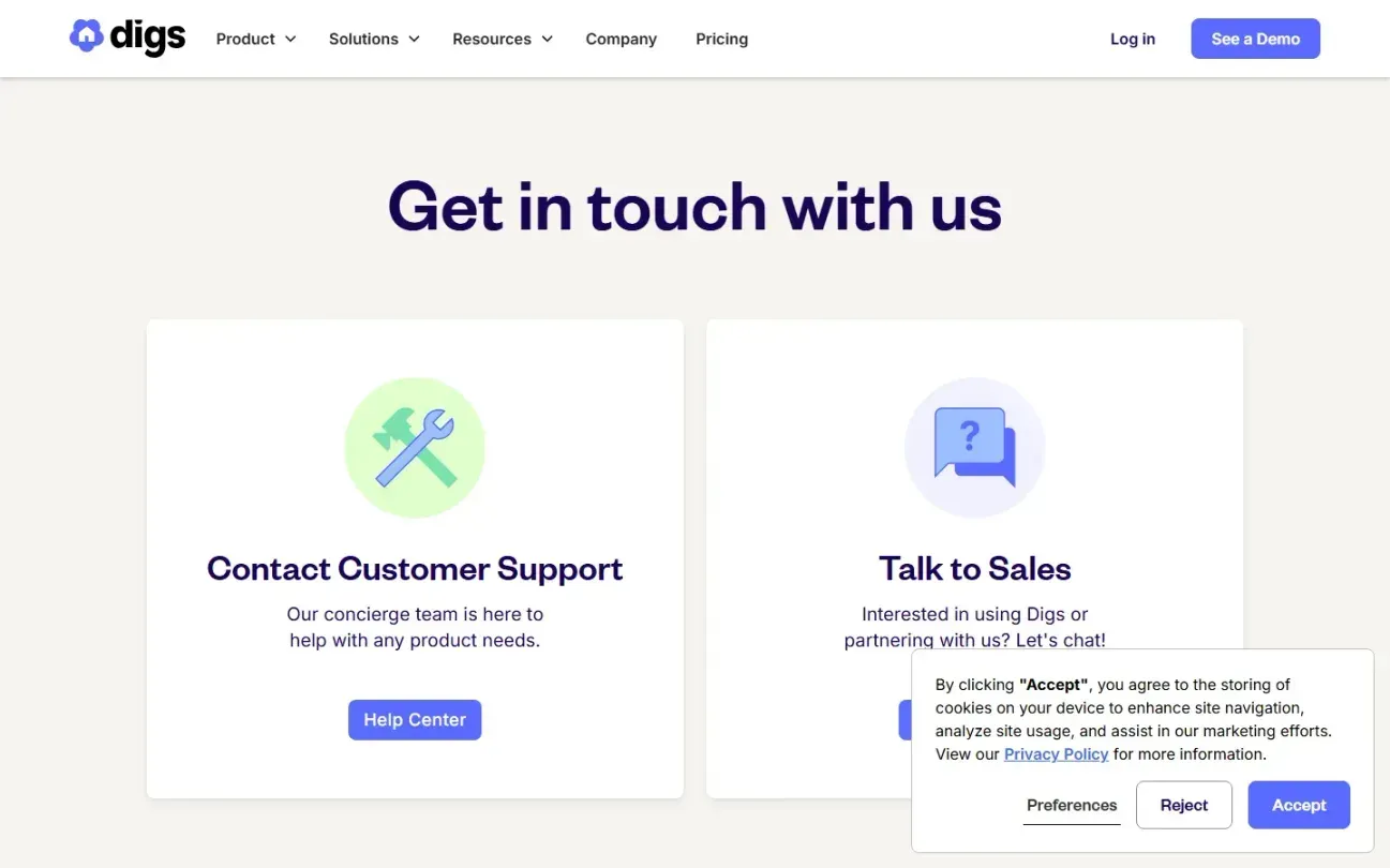 Digs — Contact page