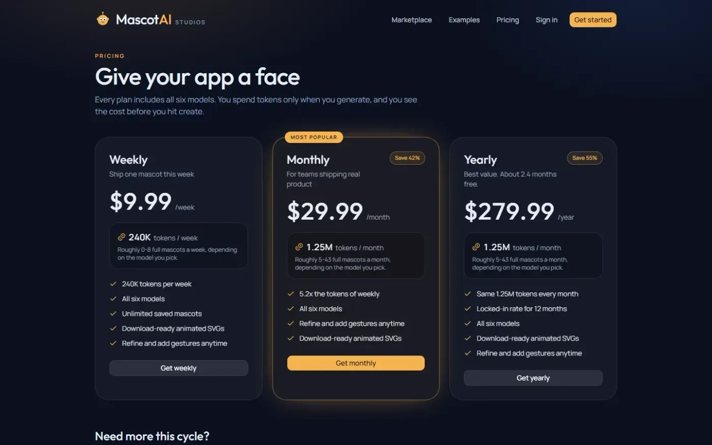 MascotAI — Animated SVG mascot studios for apps that need a personality — Pricing page