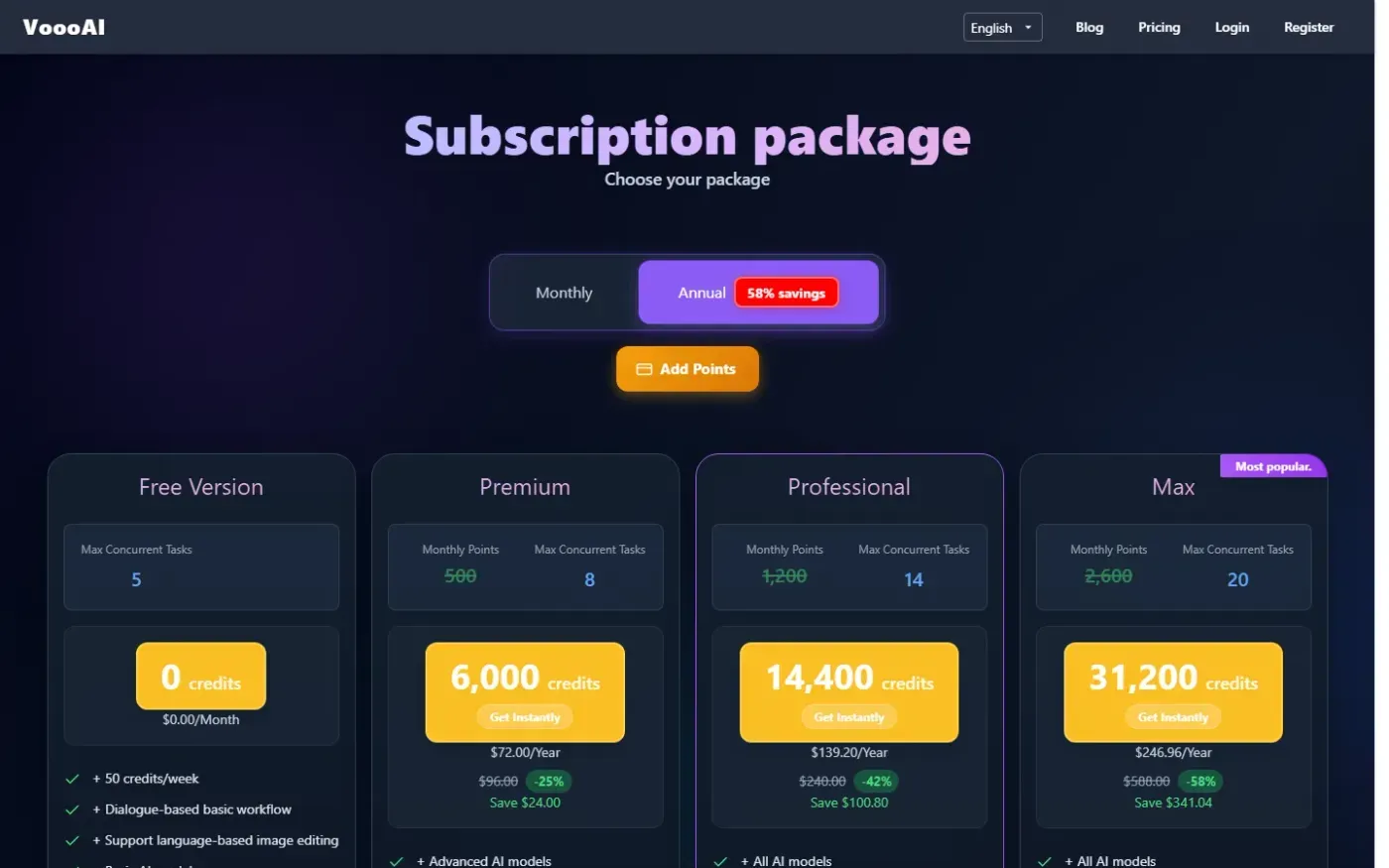 Voooai — Subscription page