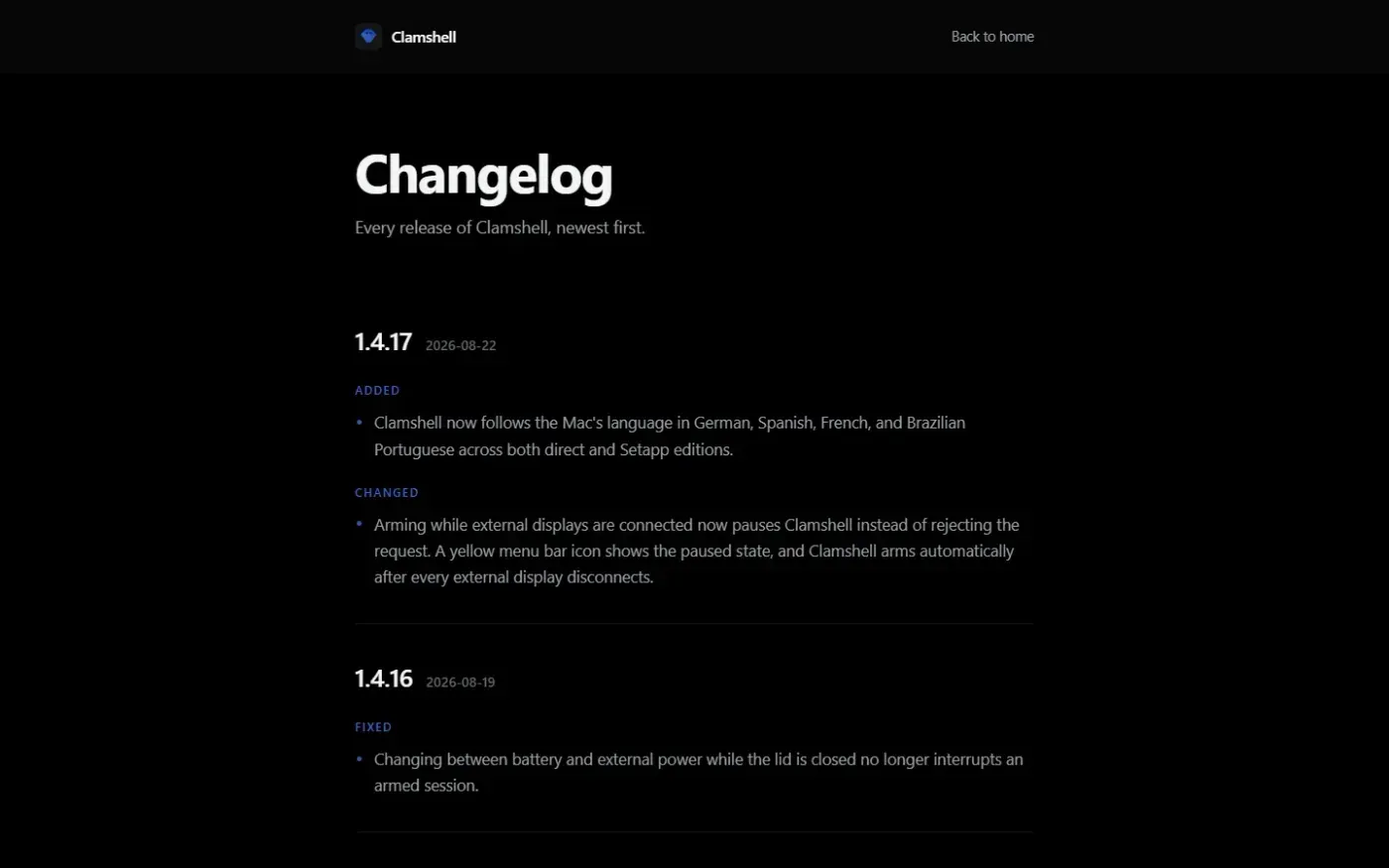 Clamshell — Close your MacBook. Keep the work running. — Changelog page