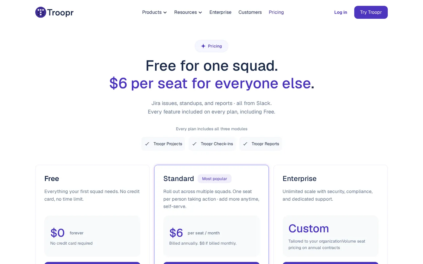 Troopr AI Scrum Master — Writes your standup from real work. Remembers your team. — Pricing page