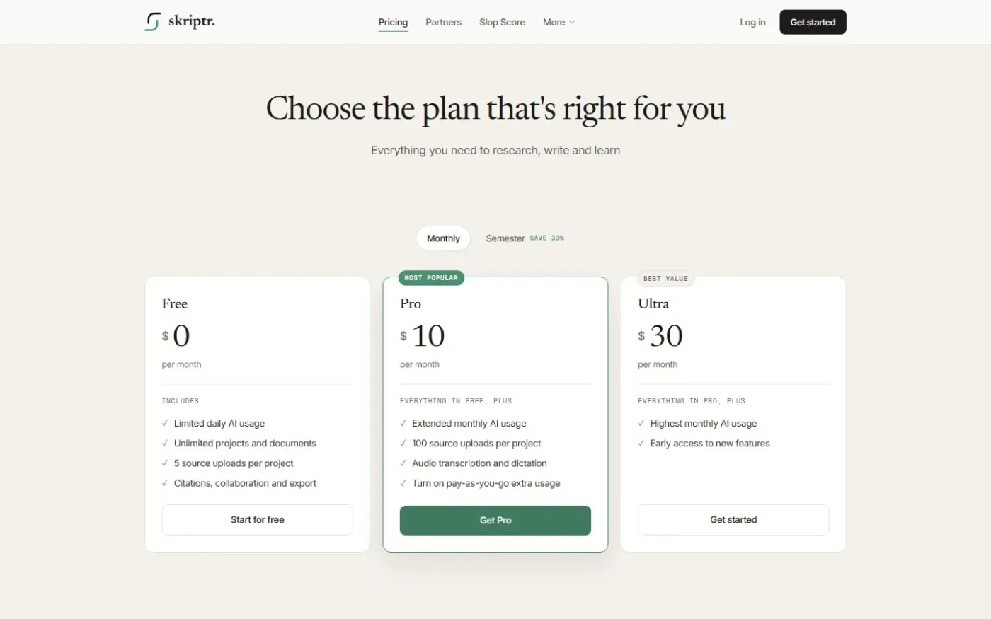 Skriptr — AI workspace for students — Pricing page