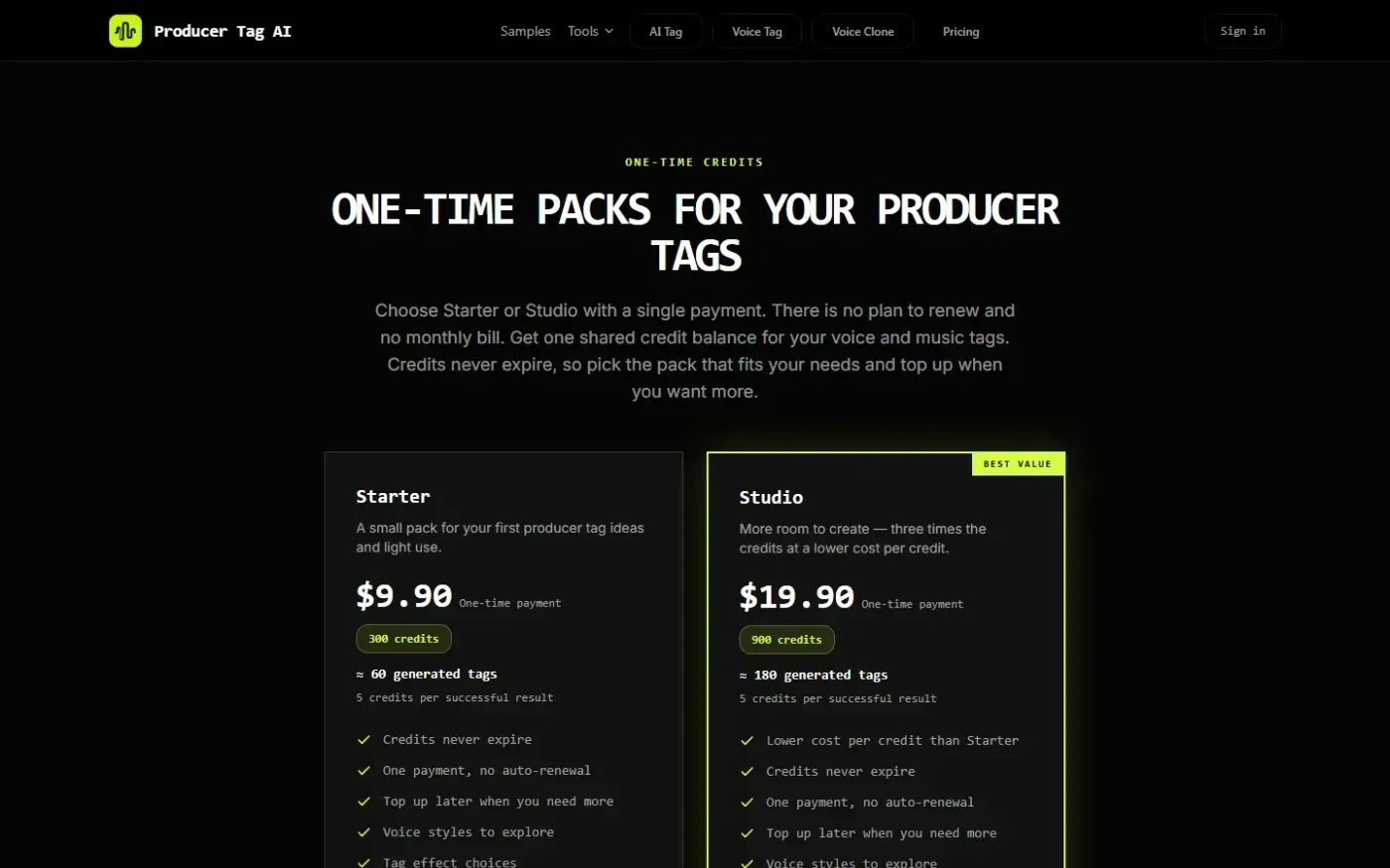 Producertag — Pricing page