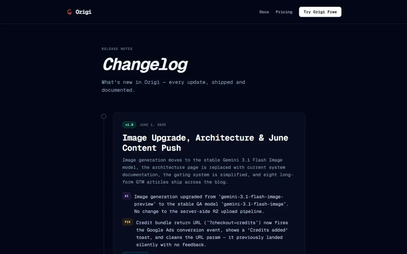 Ozigi — Changelog page