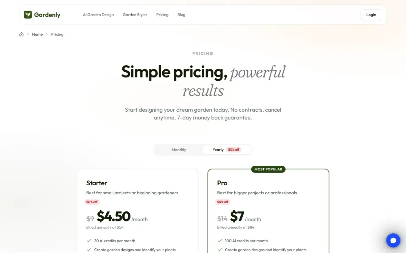 Gardenly — Pricing page