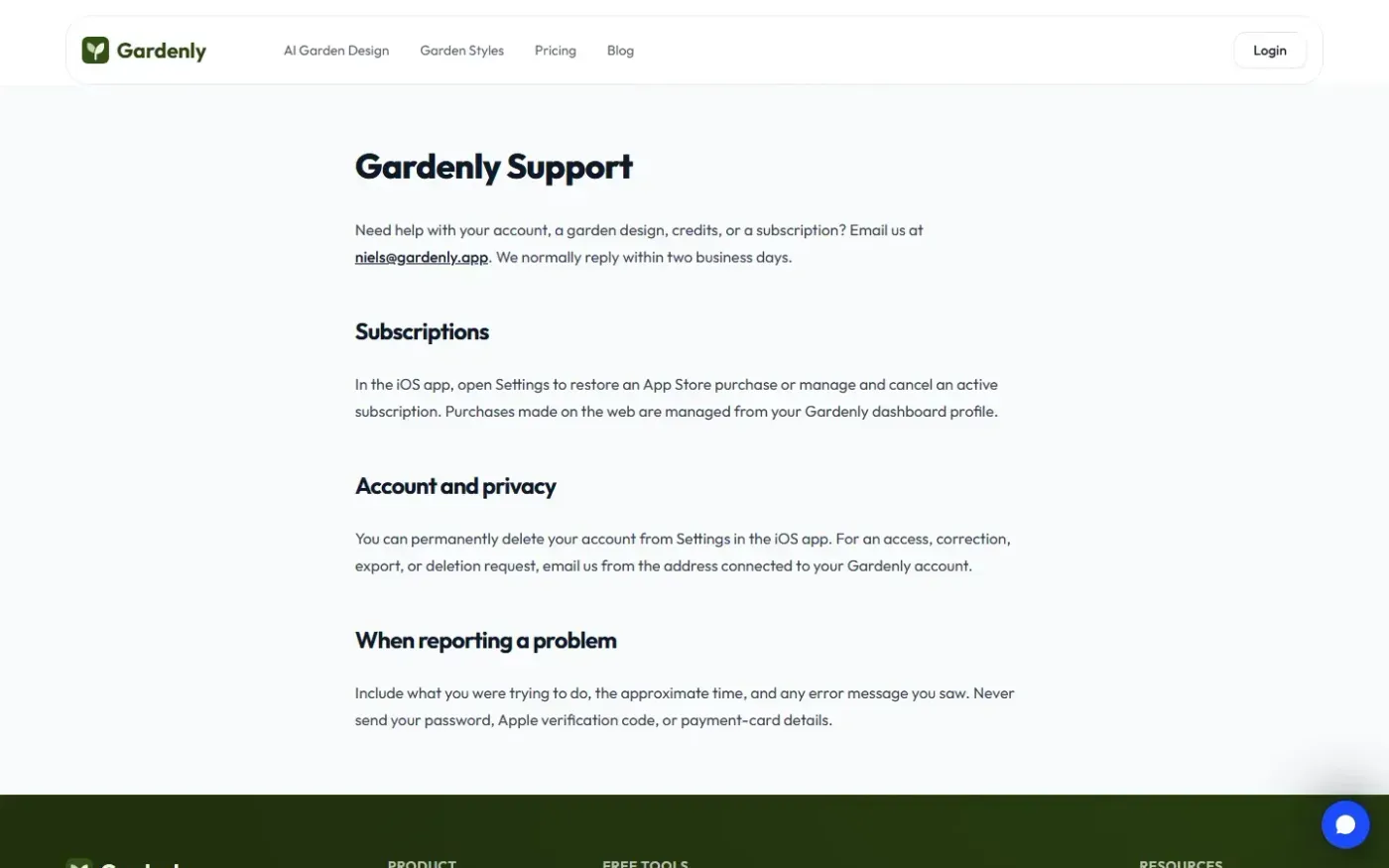 Gardenly — Support page
