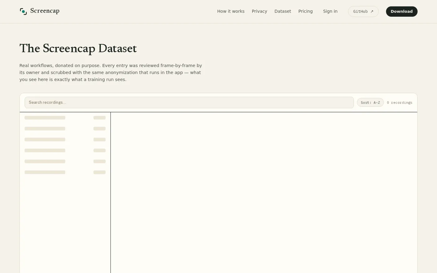 Screencap — Turn your team's real workflows into AI training data — Dataset page