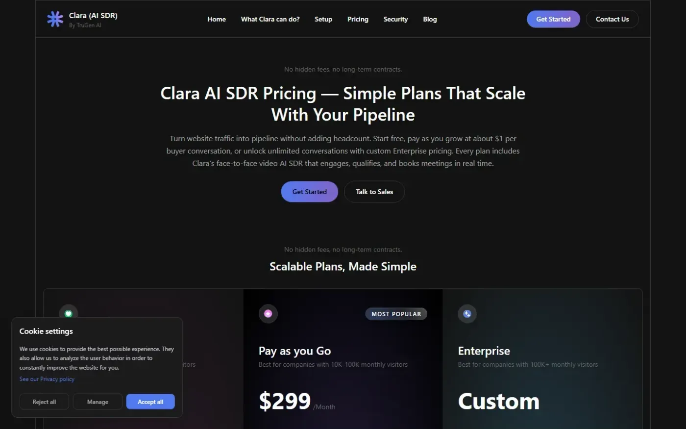 Clara AI SDR — Turn website visitors into qualified pipeline — Pricing page