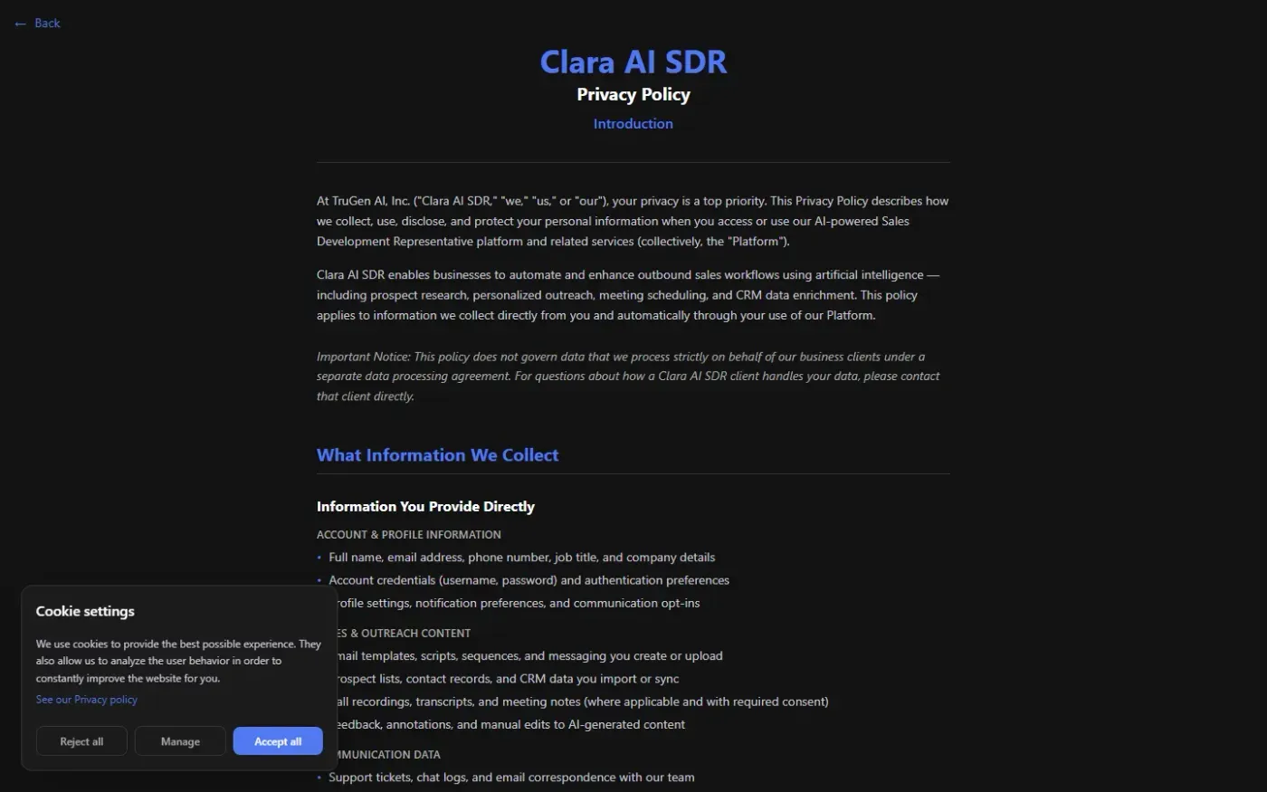 Clara AI SDR — Turn website visitors into qualified pipeline — Privacy policy page