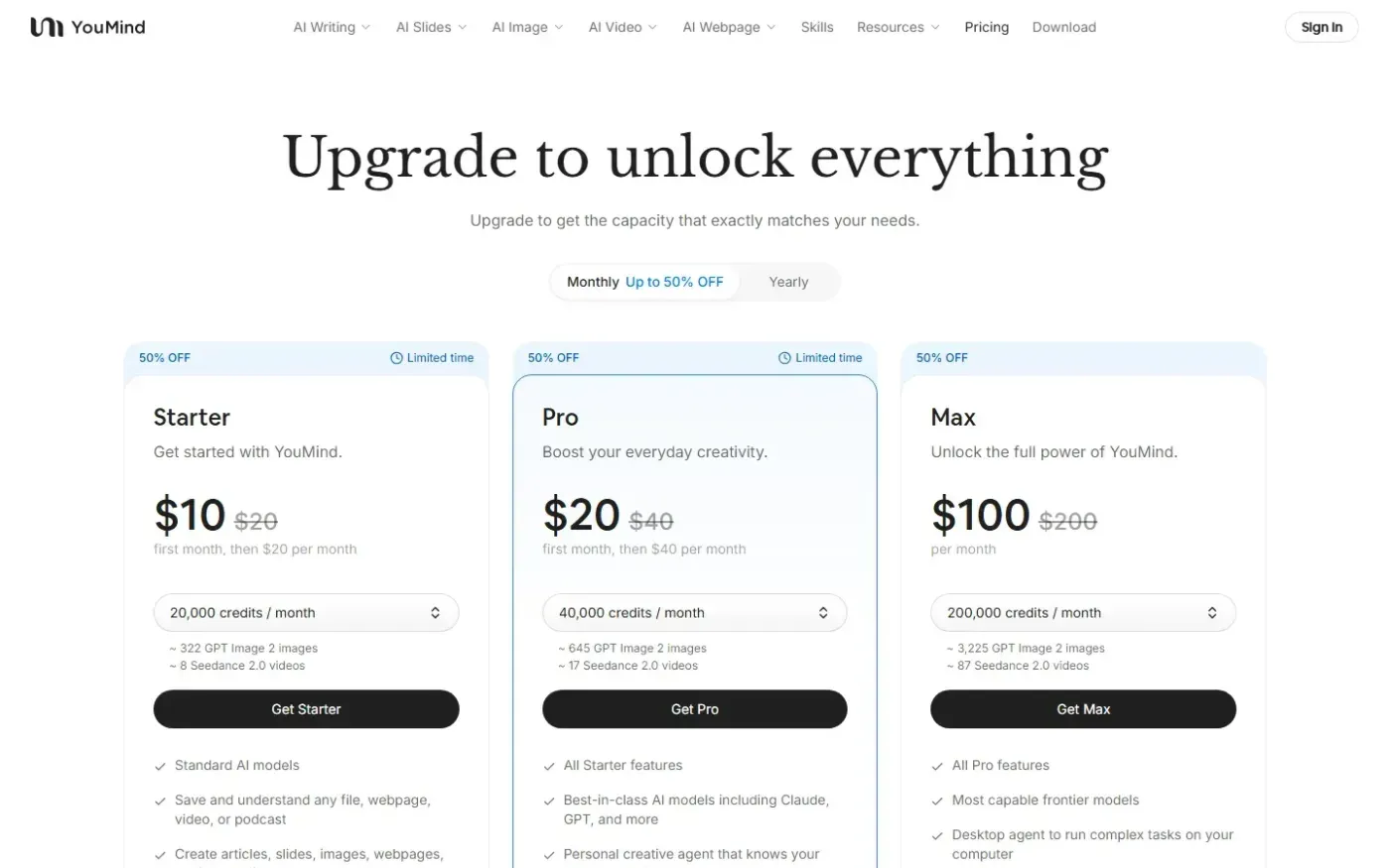 Youmind — Pricing page