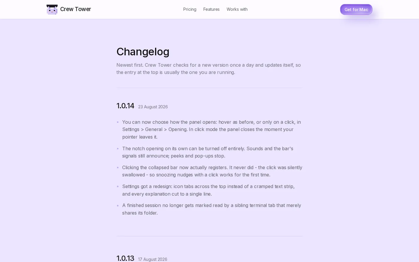 CrewTower — Control your agents from the notch — Changelog page
