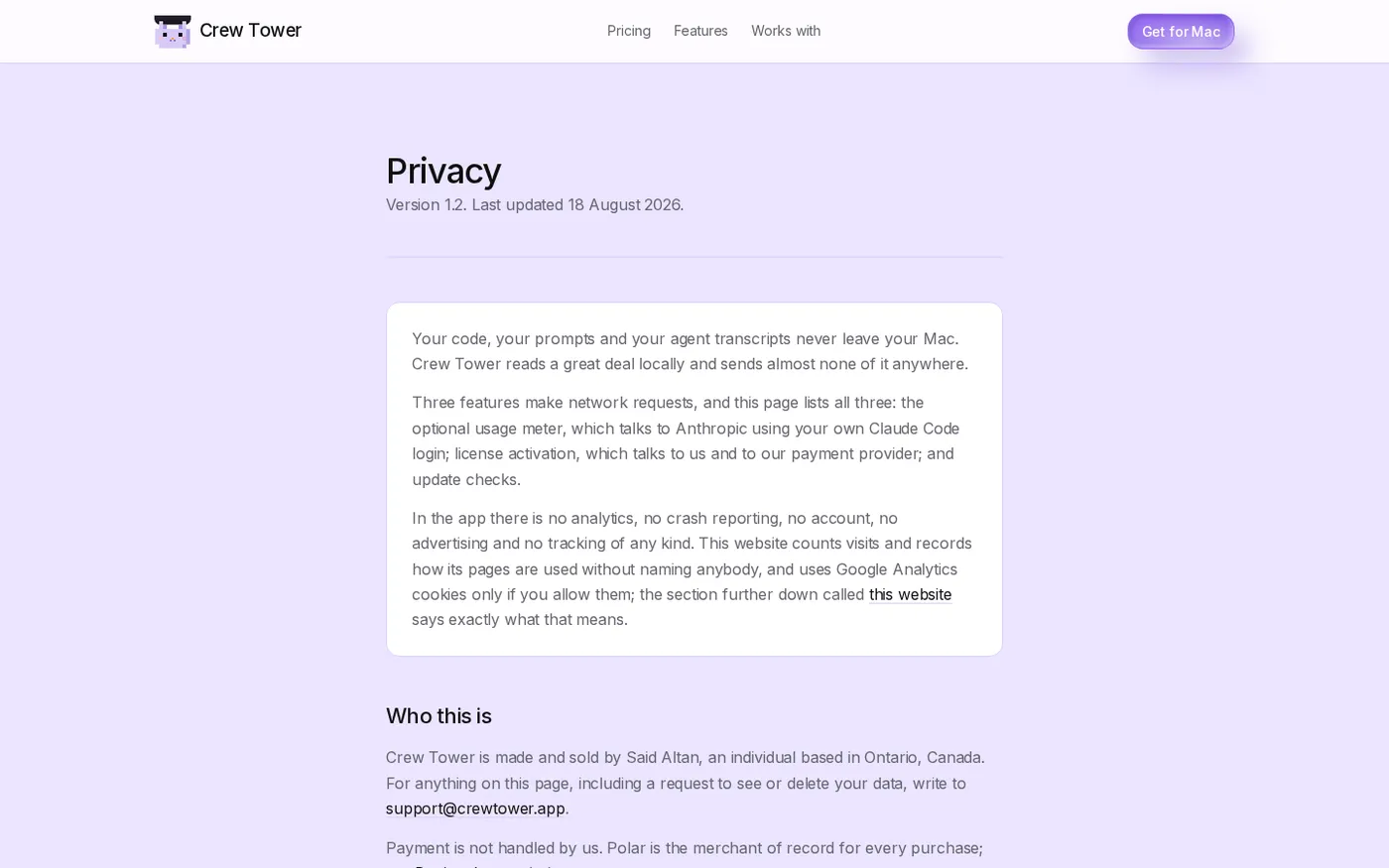 CrewTower — Control your agents from the notch — Privacy page