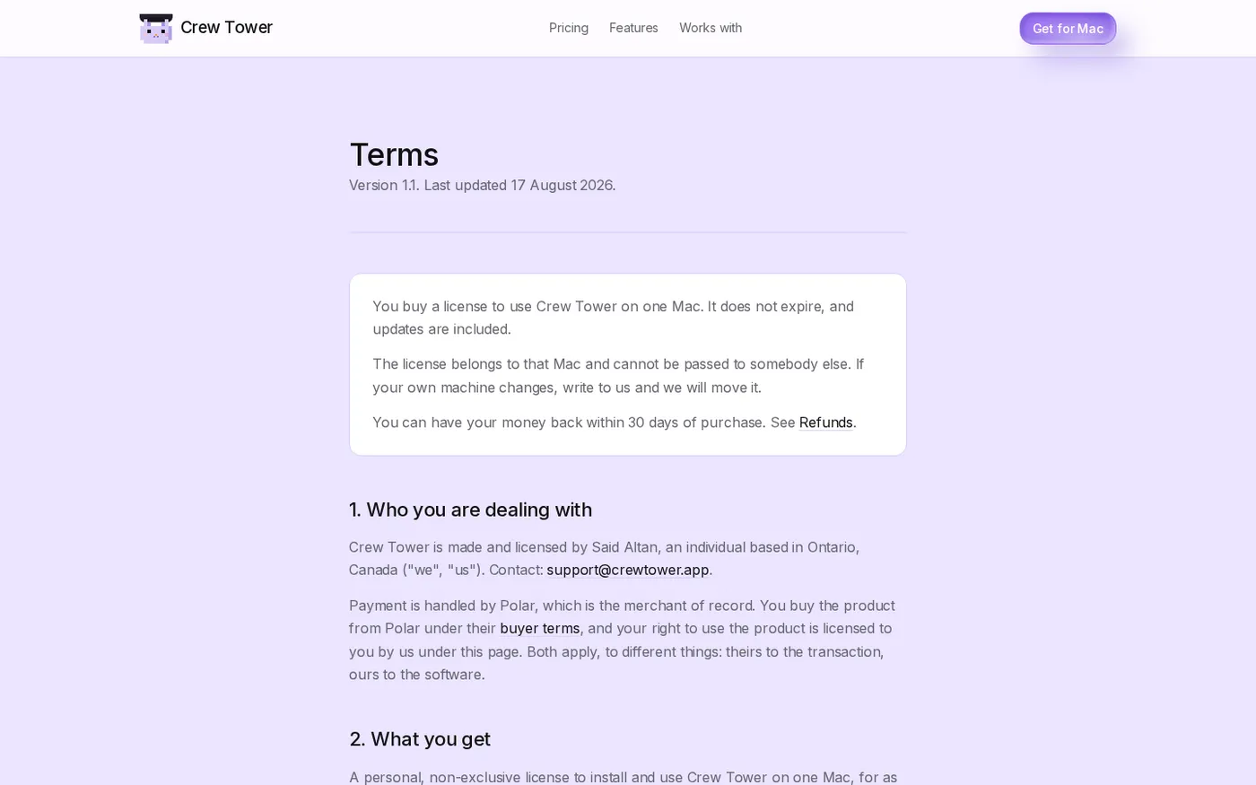 CrewTower — Control your agents from the notch — Terms page