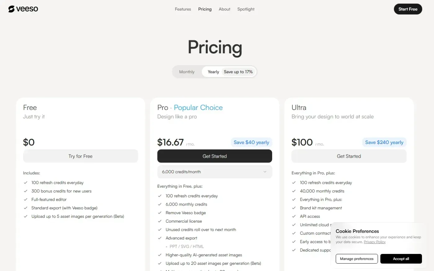 Veeso — Pricing page