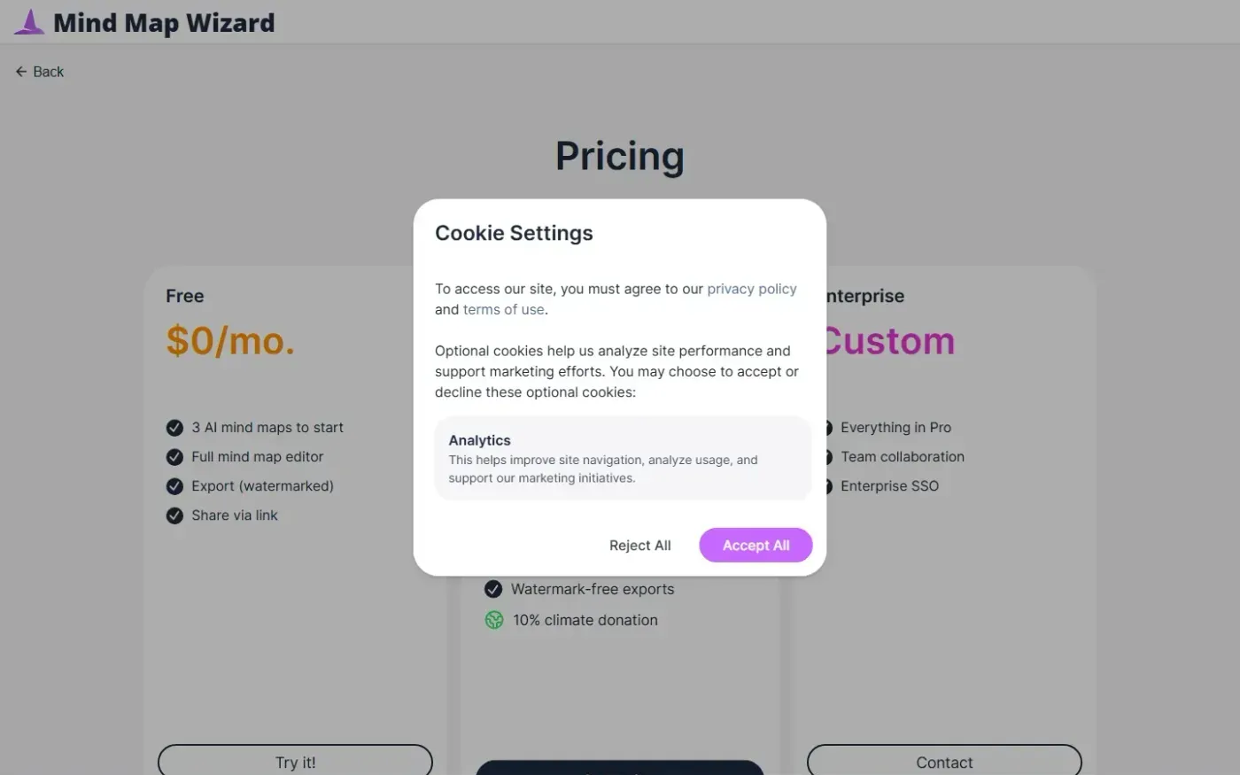 Mindmapwizard — Pricing page