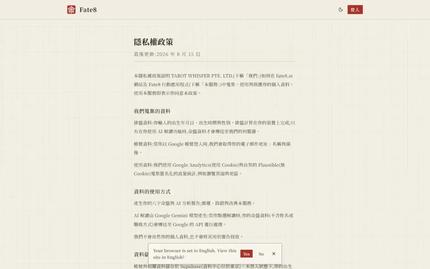 Fate8 — Privacy page