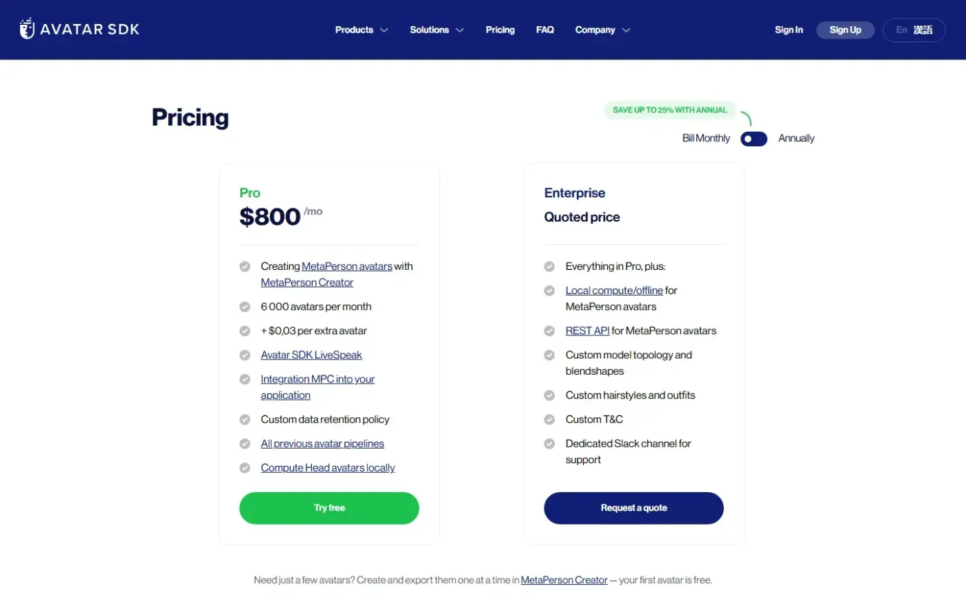 Avatarsdk — Pricing cloud page
