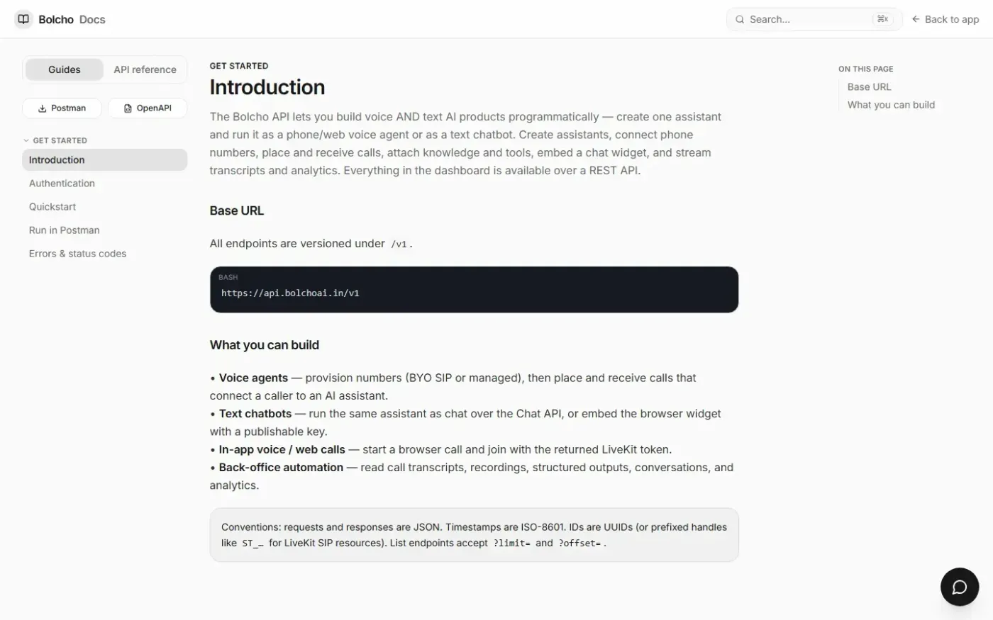 Bolcho AI — Build Voice AI agents that actually speak India — Docs page