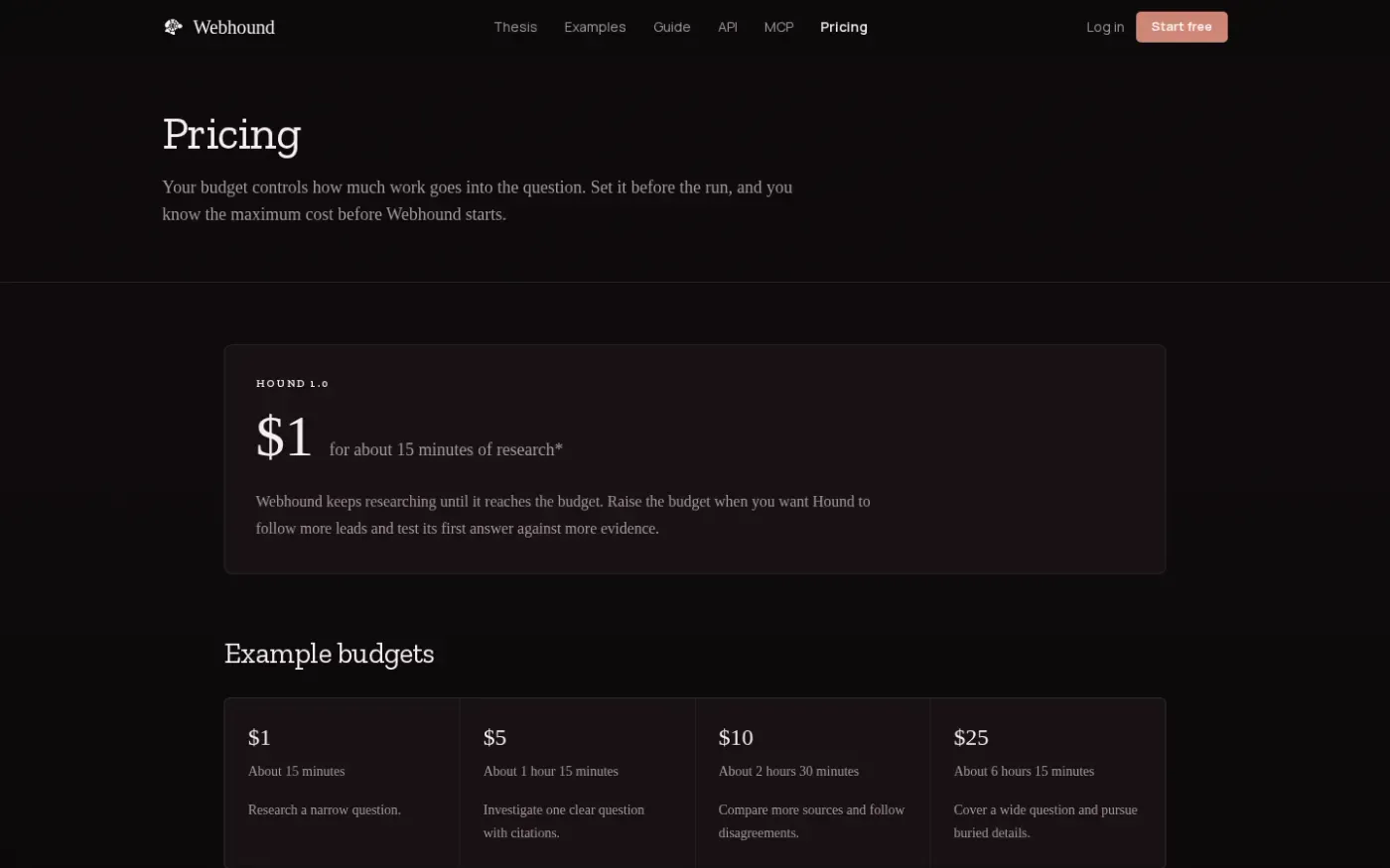 Webhound — A research engine for your agent — Pricing page